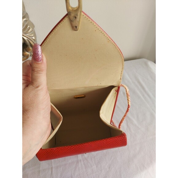 Vintage 80s Ande Hard Shell Red embossed snakeskin leather crossbody clutch bag - Picture 9 of 12